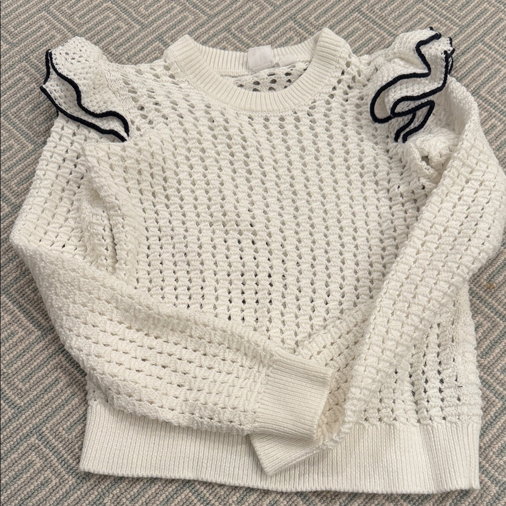 GAP White Sweater with Navy Ruffle Accents